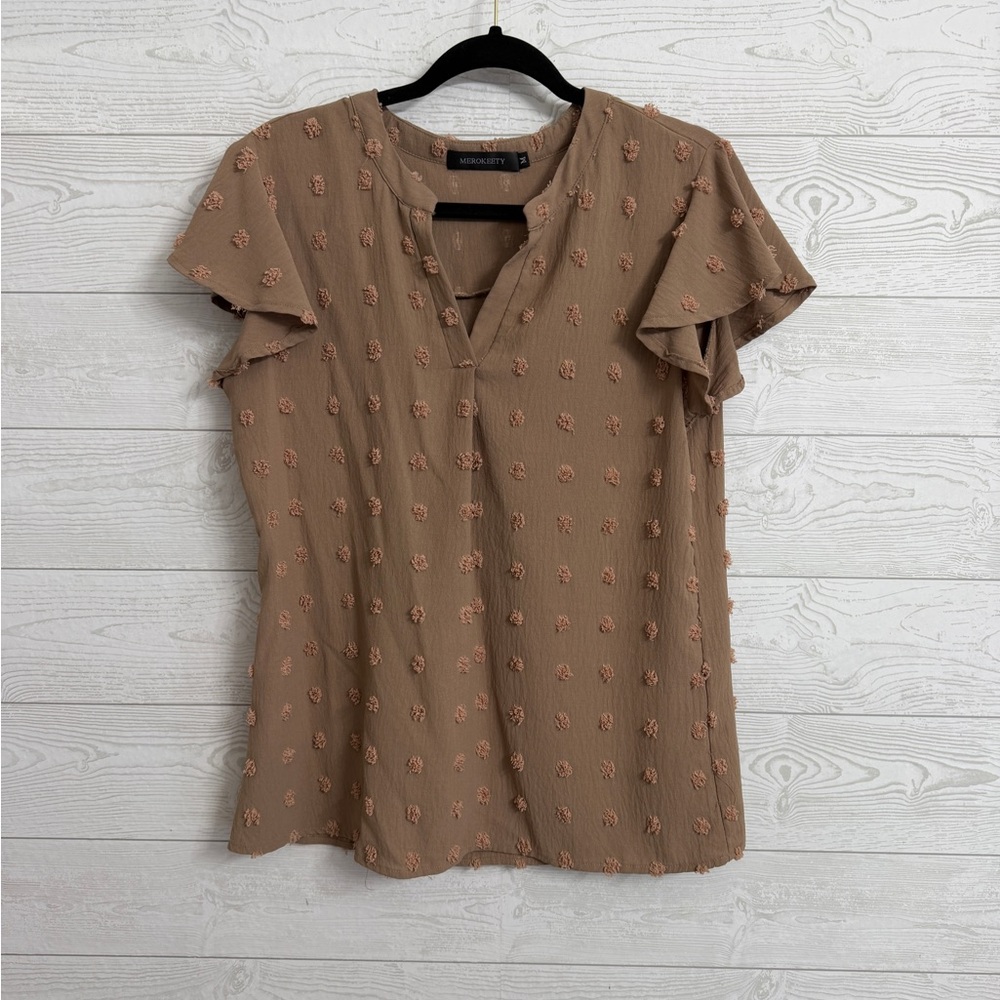 Merokeety Women’s Brown Short Sleeve Swiss Dot Blouse. Size M